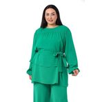 Disentis Modest Büyük Beden Önü Çift Kat Kuşaklı Kol Ağzı Lastikli Benetton Yeşili Bluz, 50