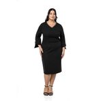 DISENTIS MODEST Büyük Beden V Yaka Kolda Broş ve Şifon Bant Detaylı Midi Siyah Elbise, 48