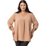 Disentis Modest Büyük Beden V Yaka Önü Plikaşeli Katlamalı Kollu Camel Bluz,48