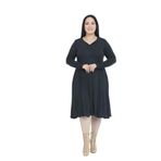 Disentis Modest Büyük Beden V Yaka Yün Viskon Midi Siyah Kloş Elbise, 48