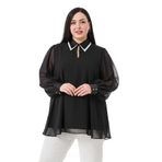 DISENTIS MODEST Büyük Beden Yakası Çift Kat Şifon Astarlı Siyah Bluz