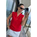 DISHI FASHİON Düğmeli Saten Bluz KIRMIZI