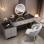 Dışkı ile Kompakt Makyaj Vanity, Genişletilebilir Tasarım, 5 Çekmeceli & Yan Dolap, LED Işıklı Ayna, Küçük Alanlar için İdeal, Şık Tuvalet Masası, Makyaj Seti nizer.
