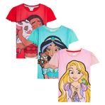 Disney Kız Çocuk 3'lü Paket Prenses Tişört Çocuk Jasmine Moana Rapunzel Üst Kısa Kollu Tişört, çok, 5-6 Years