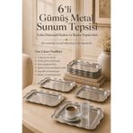 DİVAYS 6'lı Gümüş Metal Sunum Tepsisi Lüks Kahve ve İkram Tepsisi Seti