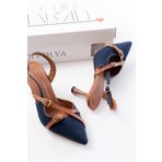 DİVOLYA Lacivert ( 8 CM TOPUKLU ) Kot Denim Sivri Burun Kapalı Tokalı Arkası Açık Stiletto Ayakkabı