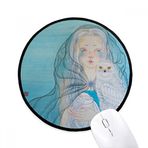 Dıythinker Mavi Beyaz Baykuş Kız Çin Tarzı Suluboya Yuvarlak Kaymaz Mouse Pad