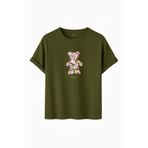 DK DAKSEL Çiçek Desenli Ayıcık Baskılı Tişört, Zeytin Yeşili,%100 Pamuk, Rahat Kesim, Unisex, Kısa Kollu (Haki, 2XL)