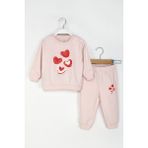 Dmb Boys & Girls Kız Bebek Kalpli Eşofman Takım Pudra Renk Bisiklet Yaka Sweatshirt ve Lastikli Eşofman Altı - 12 - 18 Ay