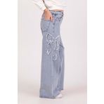 DMB BOYS & GIRLS Kurdele Fiyonk Nakışlı Yumuşak Dokulu Wide Leg Bol Paça Jean Kız Çocuk Kot Pantolon