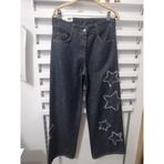 DMB Kız Çocuk Yıldız Detaylı Bol Paça Wide Leg Jean Kot Pantolon, Koyu Mavi Denim