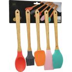 DMR-4783 ( 5pcs ) Ahşap Saplı Büyük Renkli Silikon Mutfak Set ( Fırça & Kaşık & Servis K. & Spatula & Karıştırıc - Çok Renkli