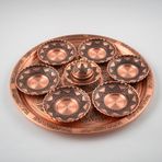 DMT COPPER HOME El Yapımı Bakır Türk Çay Seti, 6 Kişilik, Oymalı Desenli, 34 cm Tepsi, Şekerlik ve Çay Takımı, Geleneksel Motifli, Saf Bakır