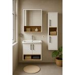 Dmz Home Concept Legna 80 Cm Beyaz-ahşap Renkli, Seramik Lavabolu, Alt - Üst Ve Boy Dolaplı Mdf Banyo Dolabı Seti Çok Renkli