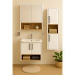 Dmz Home Concept Legna 80 cm Beyaz-Ahşap Renkli, Seramik Lavabolu, Alt - Üst ve Boy Dolaplı Tamamı Mdf Banyo Dolabı Seti