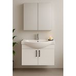Dmz Home Concept Nova 80 Cm %100 Mdf Beyaz Renkli, Oval Seramik Lavabolu, Alt Ve Üst Modüllü, Banyo Dolabı Takımı