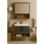 Dmz Home Legna 80 Cm Antrasit / Ahşap Banyo Dolabı Takımı / Alt Ve Üst Dolap (Lavabo Dahil)