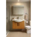 Dmz Home Nova 80 Cm, Tamamı Mdf, Ahşap Renkli, Oval Seramik Lavabolu, Aynalı, Alt Ve Üst Dolaplı, Banyo Dolabı Takımı