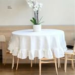 Dnc Home Tekstil Premium Beyaz Keten Fırfırlı Yuvarlak Masa Örtüsü 001 beyaz