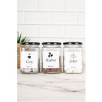 DNS HOME 3'lü Siyah Metal Kapaklı Etiketli Çay Şeker Kahve Kavanozu Kare Cam Saklama Kabı 720 ml