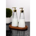 dnshome 2'li Ahşap Stantlı Cam Sabunluk Seti Lüks Modern Çizgili Sabunluk Gold Başlıklı Banyo Seti 400 ml