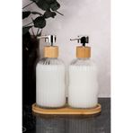 dnshome 2'li Bambu Stantlı Modern Cam Sabunluk Seti Bambu Kapaklı Cam Sıvı Sabunluk