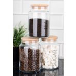 dnshome 3'lü Ahşap Vakum Kapaklı Çay Şeker Kahve Saklama Kabı Şeffaf İngilizce Etiketli Kavanoz Seti 800 ml