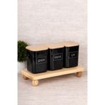 dnshome 3'lü Ahşap Vakum Kapaklı Stantlı Siyah Saklama Kabı Seti Çay & Şeker & Kahve Akrilik Kavanoz 900 ml