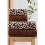 DNZ GÜLCAN TEKSTİL 4 Parça Lüks Banyo Havlu Seti (2 Adet 70X140 cm & 2 Adet 50X90 cm) | Leopar Desenli Hamam Takımı - 70 x 140 cm - Kahverengi