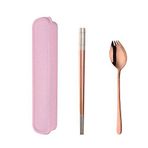 Do Buy Taşınabilir Çatal Bıçak Seti Kutulu Yemek Çubukları 3'ü 1 Arada Kaşık (SKaşık Çatal Bıçağı) Set Hediye Kutusu 18/10 Paslanmaz Çelik (Pembe Altın)