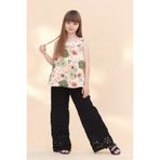 DobaKids Kız Çocuk Ajurlu Wide Leg Bol Paça Pantolon Çiçekli Krinkıl Askılı Tunik Takım Siyah