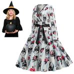 dobooo Halloween Vintage Kokteyl Elbisesi, V Yaka Uzun Kol Yüksek Bel Salıncak Elbise, Kabak Kafatası Baskılı Salıncak Kokteyl Elbisesi Suljie-tr