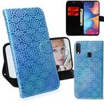 DodoBuy Samsung Galaxy A10e/A20e için Parlak Kılıf, Parlak Manyetik Kapaklı Cüzdan Kılıf, PU Deri Kart Yuvalı Stand Bilek Kayışı - Mavi