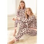 DOFİ Dofi Anne Kız Pembe Leopar Desenli Pijama Takımı – Süpersoft Kumaş, Cepli ve Paça Lastikli Model