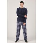 Dofi Erkek 1739 Ekoseli Polar Pijama Takımı Rahat Kesim - Lacivert / GRİ