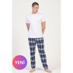 Dofi Erkek Kısa Kollu Ekose Pijama Takımı – Beyaz Üst, Kırmızı / Siyah / Mavi Alt - 2XL