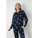 DOFİ Kadın Lacivert Yıldız Desenli Pijama Takımı – Ribanalı Paça, Bisiklet Yaka