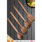Doğal Ceviz Ağacı Ahşap Tahta Kaşık Spatula Kevgir Çatal Seti Ağaç Kaşık (4 Lü Set) Mta1
