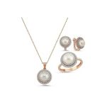 Doğal İnci Taşlı Küpe Kolye Yüzük Üçlü Set (Rose)
