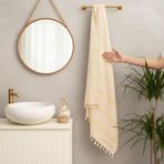 Doğal Pamuk Çizgili, Püsküllü Banyo Beden Havlusu (100x180 cm) (Lemon Drop Sarı)