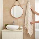 Doğal Pamuk Çizgili, Püsküllü Banyo Beden Havlusu (100x180 cm) (Stone Gray Gri)