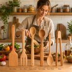 Doğal Şimşir Ağacından Ahşap Mutfak Seti, Spatula, Çatal, Kaşık ve Maşa, 6 Parça, Doğal Renk