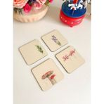 Doğal Suluboya Desenli Ahşap Bardak Altlıkları 4'lü Set - 10 x 10 cm
