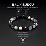 Doğal Taş Bileklik, Balık Burcu, Ay Taşı, Ametist, Akuamarin, Florit Taşı Makrome Bileklik Ayarlanab