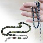 Doğaltaş Hint Akik Tesbih - 925 Ayar Gümüş Püsküllü - Çok Renkli - Arpa Kesim