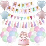 Doğum günü dekorasyonu balon çelenk kızlar için – doğum günü dekorasyon seti, Happy Birthday afişi, pasta dekorasyonu, pastel balonlar ve flamalar zinciri, çocuk doğum günü bebek partisi için