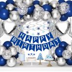 Doğum Günü Süsleme Seti, Lacivert ve Gümüş, Folyo Balon, Lateks Balon, Konfeti Balon, Happy Birthday Yazısı, Folyo Perde, 50 Parça