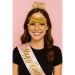 Dogum Günü Taç Kuşak Gözlük - Altın - Pudra - HAPPY BRİTHDAY