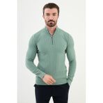 Dokulu Açık Yeşil Slim Fit Fermuarlı Yarım Balıkçı Yaka Erkek Triko Kazak