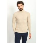 Dokulu Bej Rengi Slim Fit Tam Balıkçı Yaka Erkek Kazak - Açık Bej - 2XL